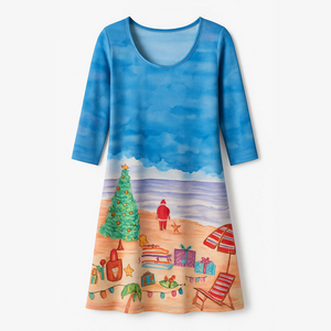 NWT Ellen Negley Art &Sol Scenic Long Sleeve Dress -Xmas at the Beach. L